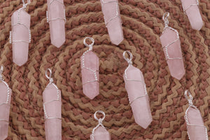 1 PC Rose Quartz  Spiral Wire Wrapped Pencil Point Pendant Gemstone- Silver Wire Wrapped Double term Pendant 35mmx9mm-47mmx9mm HS249 - Tucson Beads