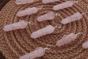 1 PC Rose Quartz  Spiral Wire Wrapped Pencil Point Pendant Gemstone- Silver Wire Wrapped Double term Pendant 35mmx9mm-47mmx9mm HS249 - Tucson Beads