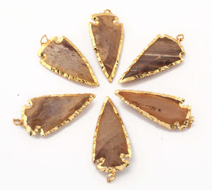 6 pcs Jasper Arrowhead  24k Gold  Plated Charm Pendant -  Electroplated With Gold Edge 68mmx27mm-67mmx22mm AR316 - Tucson Beads