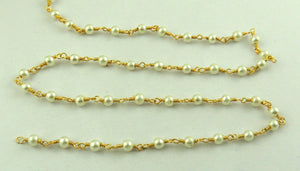50 Feet  Glass Manmade Pearl Rosary Style Beaded Chain - BULK Wholesale Glass Pearl Beads Wire Wrapped 24k Gold Plated Chain BDG032 - Tucson Beads