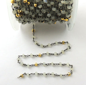 5 Feet White Rainbow Moonstone and Gold Pyrite 3mm-4mm Black Wire Wrapped Rosary Style  Beaded Chain Bdb047 - Tucson Beads