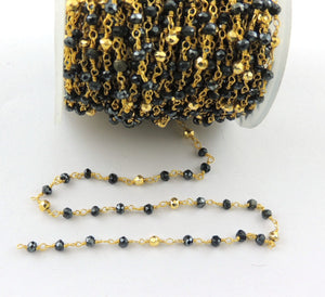 5 Feet Black Spinel Silver Coated With Gold Pyrite Beaded Chain -Black Spinel Beads wire wrapped 24k Gold Plated chain BDG015 - Tucson Beads
