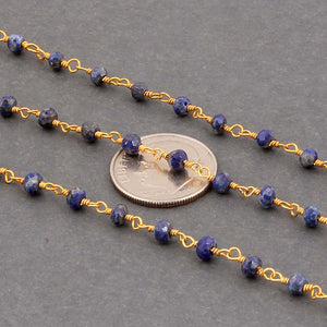 5 Feet Lapis Rosary 3-3.5mm Style Beaded Chain - Lapis Beads wire wrapped 24k Gold Plated chain per foot BDG013 - Tucson Beads