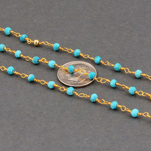 5 Feet Turquoise & Gold Pyrite 3mm Rosary Style Beaded Chain - Beads 24k Gold Plated Wire Wrapped Chain BDG025 - Tucson Beads