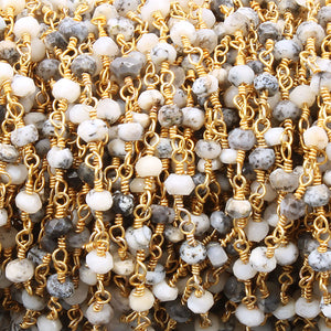 5 Feet Dendrite Opal 3-4mm Rosary Style Beaded Chain -Opal Beads Wire Wrapped 24k Gold Plated Chain SC045 - Tucson Beads
