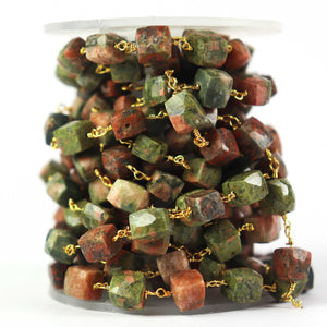 3 Feet Unakite Cubes 9mm-12mm Beaded Chain - Unakite Cubes Wire Wrapped 24 k Gold Plated Chain  SC019 - Tucson Beads