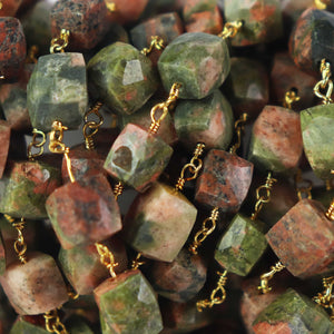 3 Feet Unakite Cubes 9mm-12mm Beaded Chain - Unakite Cubes Wire Wrapped 24 k Gold Plated Chain  SC019 - Tucson Beads