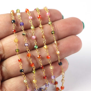 10 Feets Multi Cubic Zircon Beaded Chain - Mix Zircon Beads Wire Wrapped 24k Gold Plated Rosary Style Chain 2.5mm SC009 - Tucson Beads
