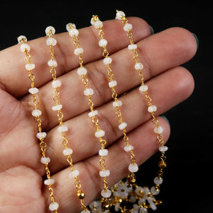 5 Feet Rainbow Moonstone & Gold Pyrite Rosary Style Beaded Chain - White Moonstone Beads wire wrapped Chain,4mm , 24k Gold Plated chain SC011 - Tucson Beads