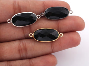 5 Pcs Black Onyx Faceted 925 Sterling Vermeil Connector Oval Shape 27mmx11mm SS218  - Tucson Beads