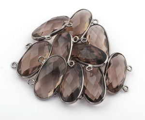 5 Pcs Smoky Quartz Oxidized Sterling Silver Faceted Oval Double Bail Pendant - Gemstone 21mmx13mm SS222 - Tucson Beads