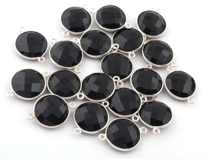 5 Pcs Black Onyx 925 Sterling Silver Faceted Round Shape Connector - Gemstone 21mmx15mm SS316 - Tucson Beads