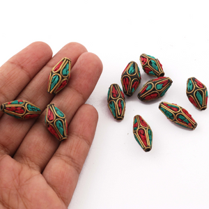 10 Pcs Tibetan Bicone Shape Brass Beads With Turquoise Coral inlay Bead 19mmx10mm PAF055 - Tucson Beads