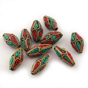 10 Pcs Tibetan Bicone Shape Brass Beads With Turquoise Coral inlay Bead 19mmx10mm PAF055 - Tucson Beads