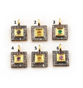1 Pc Pave Diamond Multi Stone Square Charm 925 Sterling Vermeil Pendant - 11mmx8mm PDC1031 - Tucson Beads