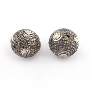 1 PC Pave Diamond with Rose Cut Diamond 925 Sterling Silver Round Ball Bead - Bead With Hole - Polki Beads 13mm-20mm PDC1195 - Tucson Beads