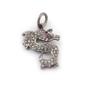 1 Pc Pave Diamond Dragon With Ruby Eye Over 925 Sterling Silver - Dragon Charm Pendant - 20mmx14mm PDC1240 - Tucson Beads