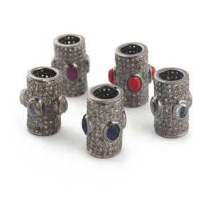 1 PC Pave Diamond Multi Stone 925 Sterling Silver Drum Bead - Antique Finish Bead With Hole - Tube Beads 15mmx11mm PDC222 - Tucson Beads