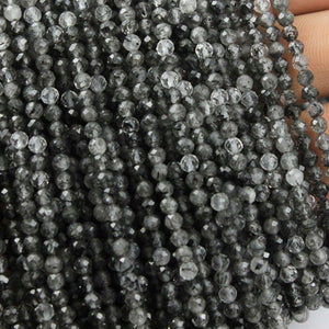 5 Strands Tourmilated Quartz Faceted Round Beads - Black Rutile Ball Beads 3-4mm 13 Inch Long RB307 - Tucson Beads